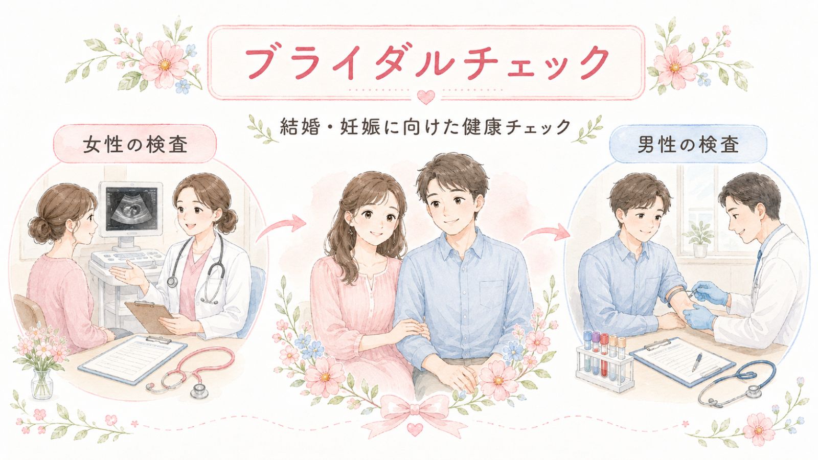 ブライダルチェックが結婚・妊娠を控えたカップルが受ける健康・妊娠のための総合的な検査であることを、女性と男性それぞれが医療機関で検査を受ける具体的な場面の並びで一目で伝える。