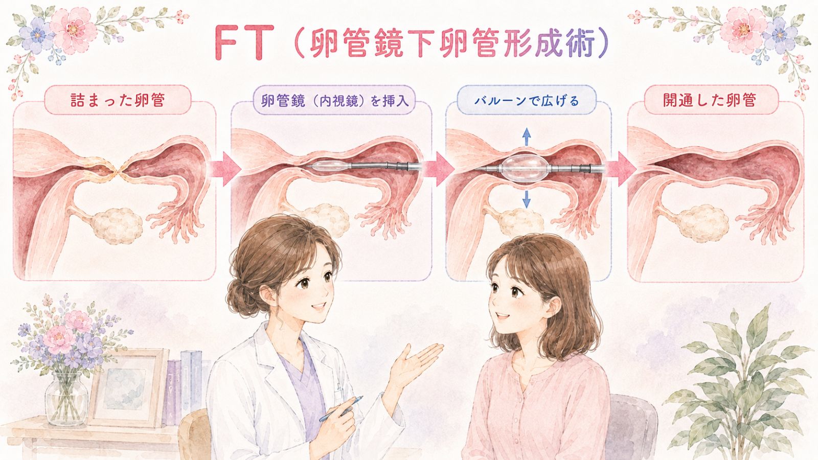 細く詰まった卵管に細い内視鏡(卵管鏡)を入れ、バルーンでふくらませて通り道を広げる治療の仕組みを、詰まった卵管と開通した卵管のビフォーアフターで一目で伝える。