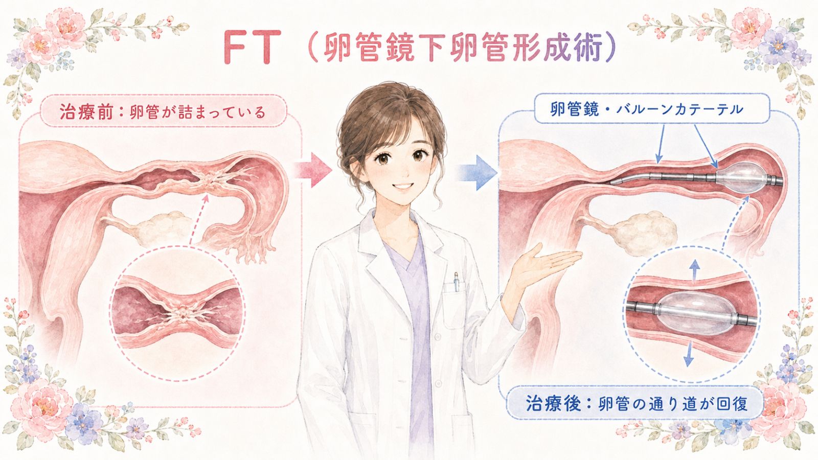 細い内視鏡(卵管鏡)とバルーンカテーテルを使って詰まった卵管を内側から広げ、通り道を回復させるFT治療の仕組みを一目で伝える。