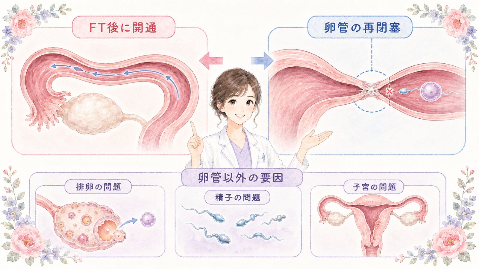 FT手術後でも卵管の再閉塞や卵管以外の不妊要因があると妊娠に至らないことを、具体物の並びで一目で伝える。