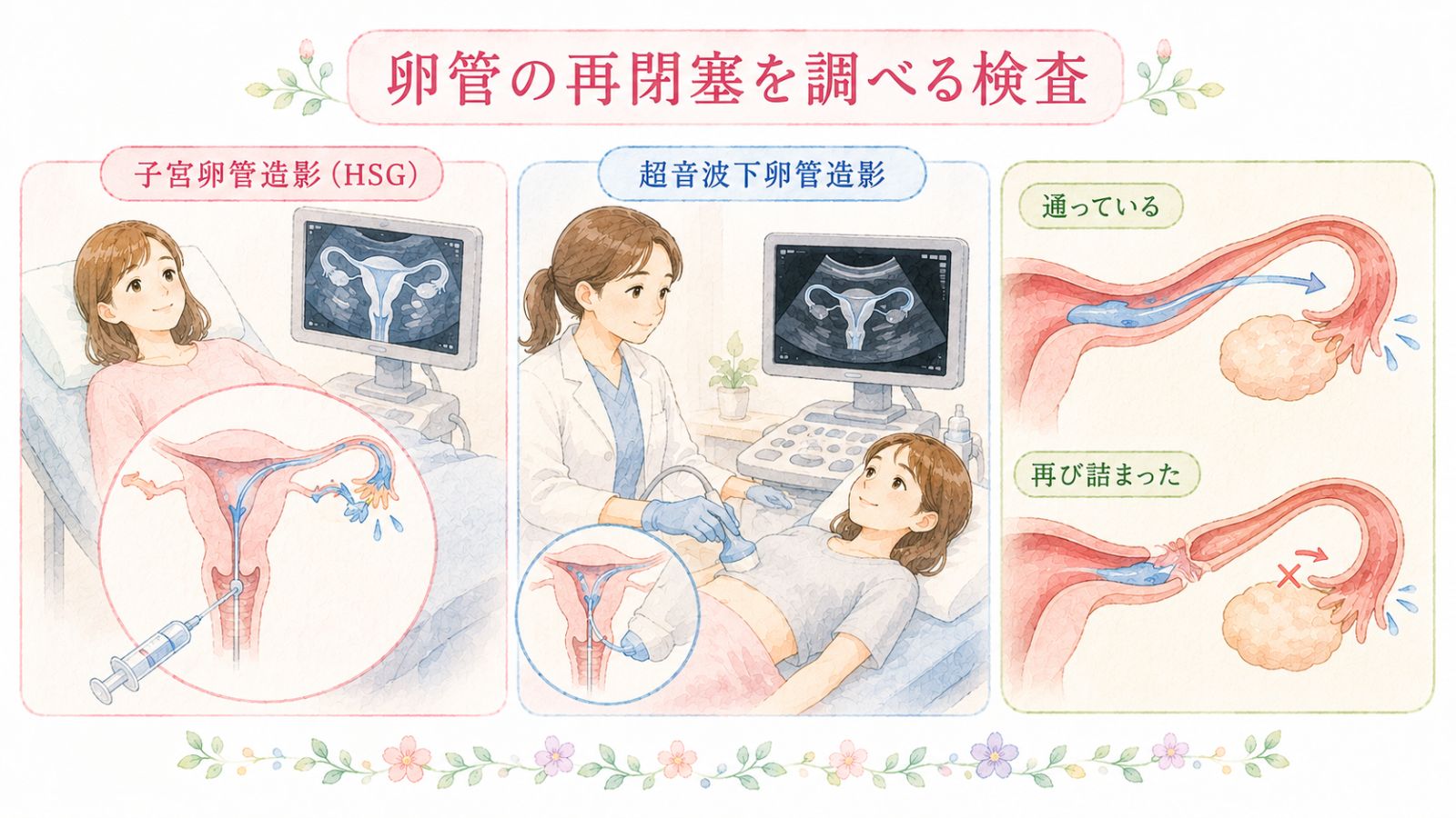 FT手術後に卵管が再び詰まっていないかを調べる主な検査方法(子宮卵管造影・通水検査・超音波下卵管造影)の流れと違いを、具体物と場面で一目で伝える。
