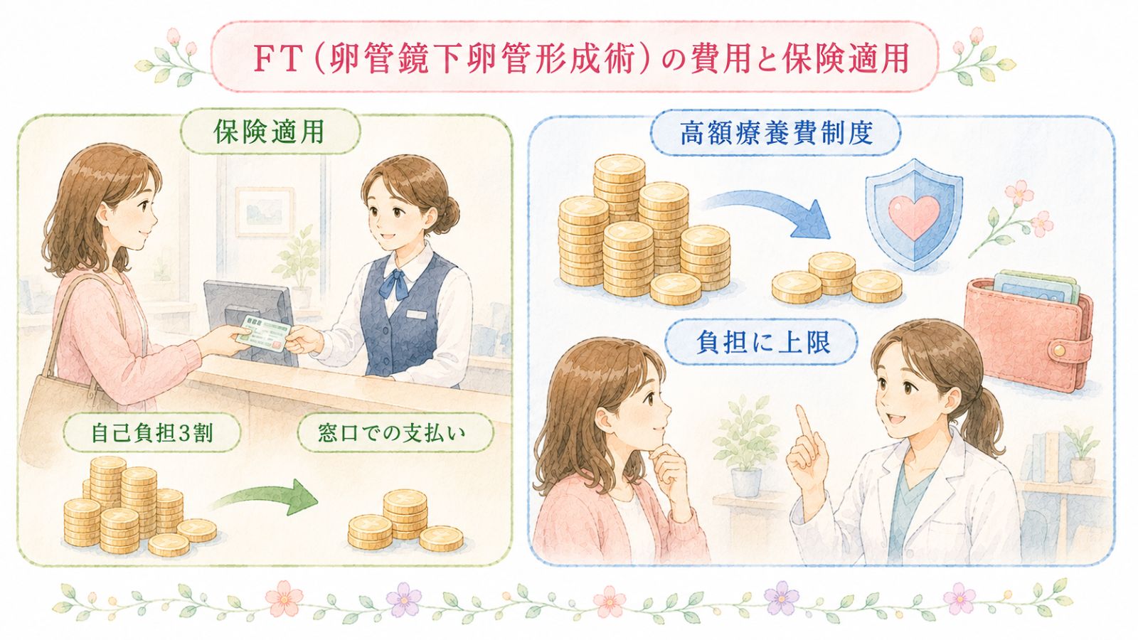 FT(卵管鏡下卵管形成術)が公的医療保険の対象で、窓口負担が軽くなること、高額療養費制度も使えることを、具体物で一目でわかる図解で伝える。
