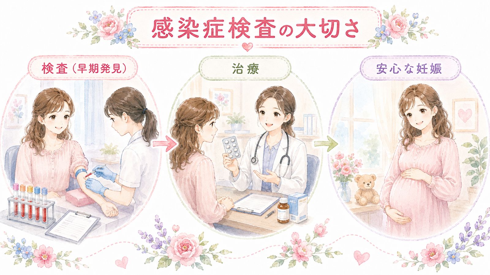 感染症を早期に見つけて治療することで、将来の妊娠や赤ちゃんへの影響を防げることを、検査から治療・安心な妊娠までの流れの図解で伝える。