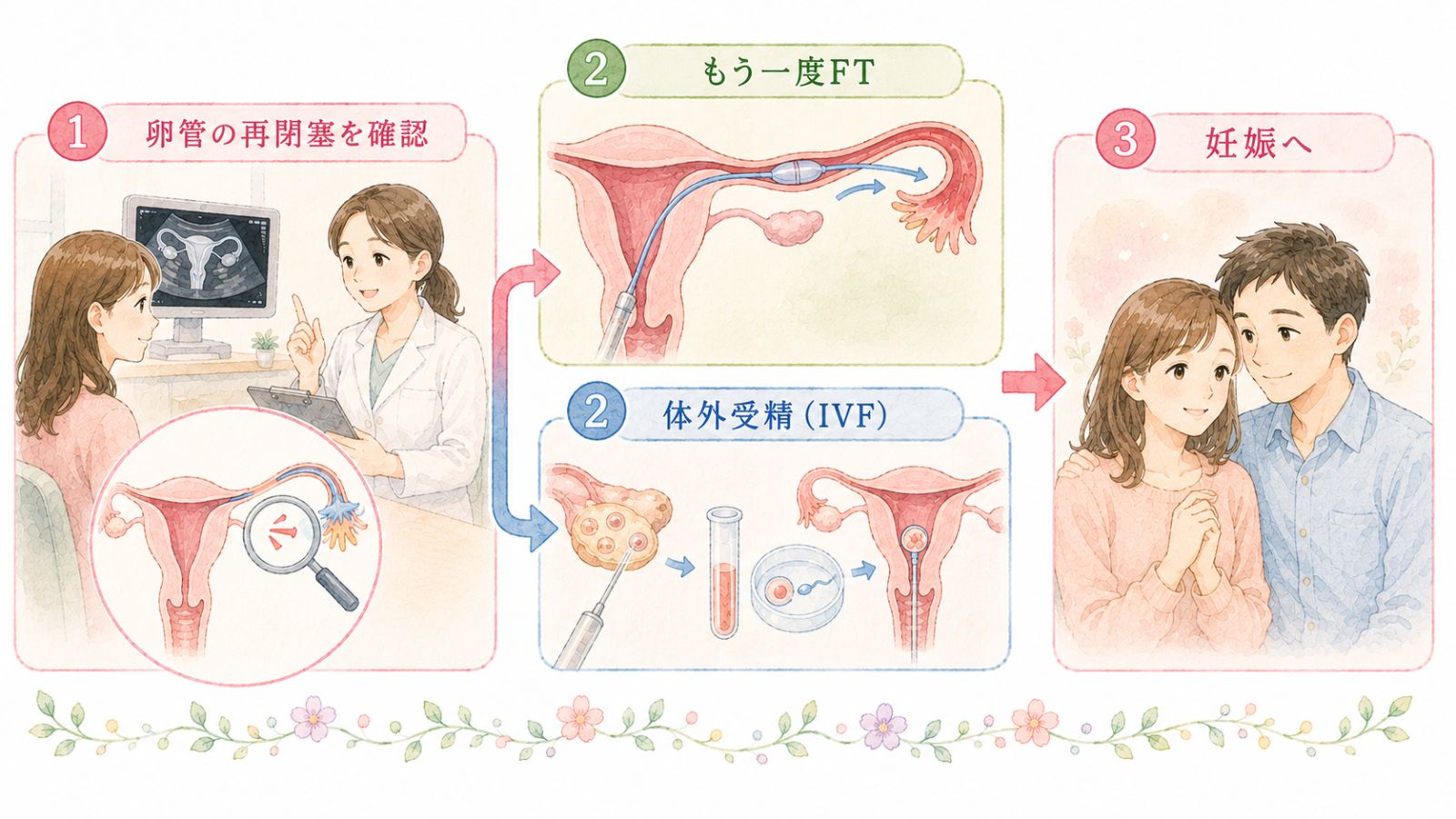 FT手術後に妊娠しない場合、卵管の再閉塞を確認したうえで、再度のFTか体外受精へ進むかを選ぶ流れを一目で示す。