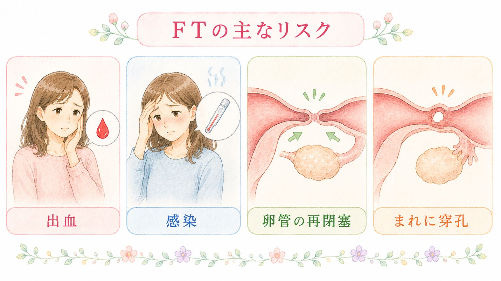 FT(卵管鏡下卵管形成術)を受ける前に知っておきたい主なリスク(出血・感染・卵管の再閉塞・まれな穿孔)を、具体物とアイコンで一目で分かるように整理して伝える。