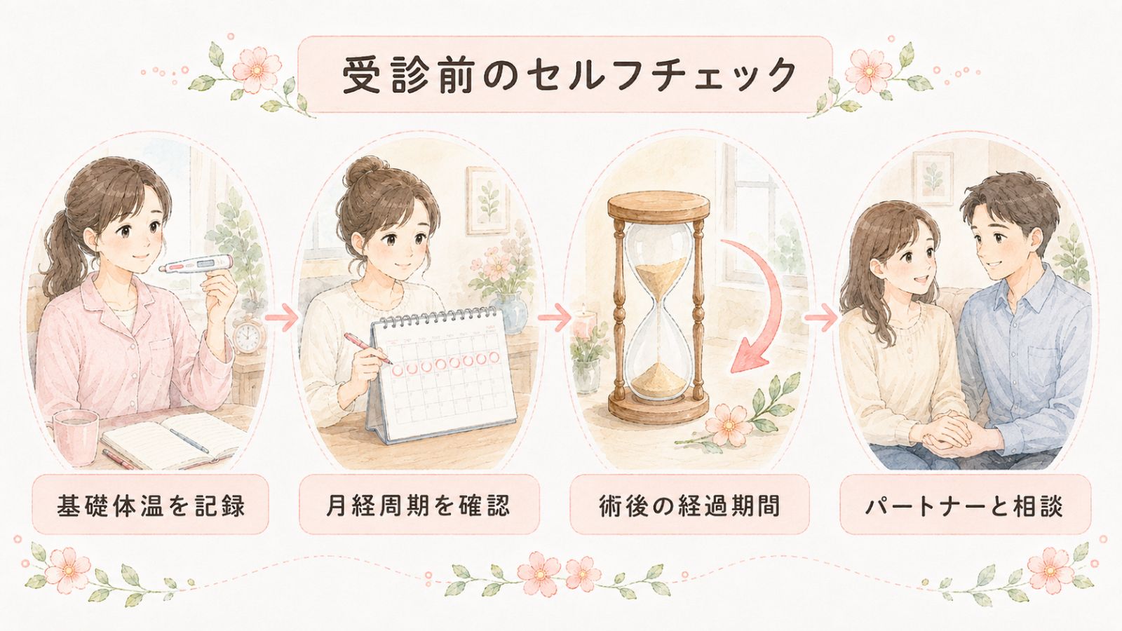FT(卵管鏡下卵管形成術)後に妊娠しづらいと感じたとき、受診を検討する前に自分で確認したい項目を、具体物を並べた図解で一目で分かるように伝える。