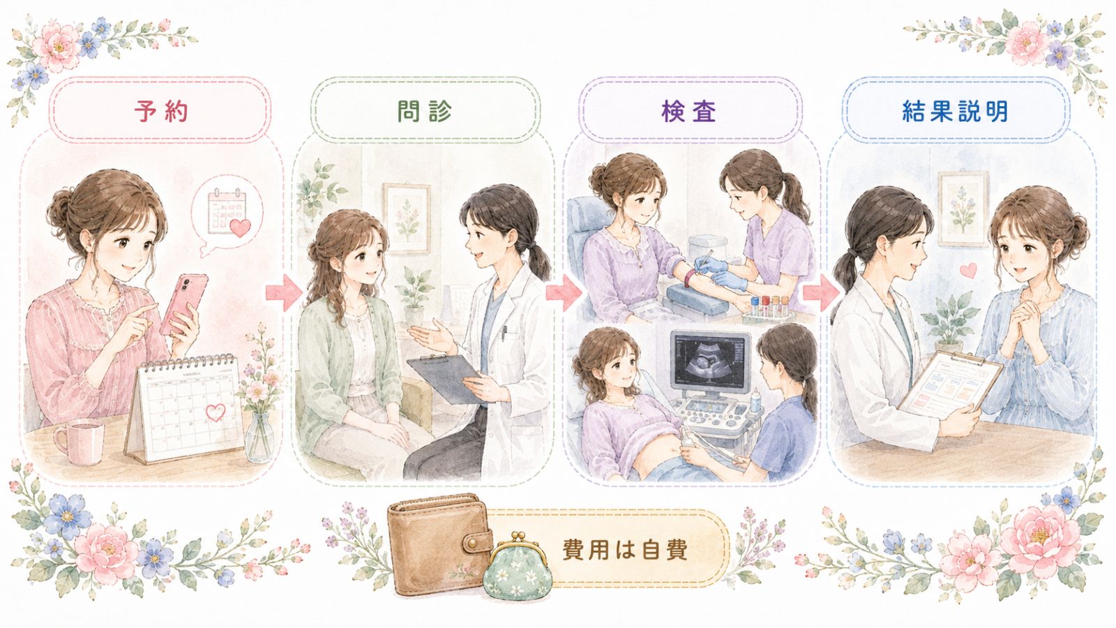 ブライダルチェックの受け方の流れ(予約→問診→検査→結果説明)と費用が自費であることを、具体的な場面の並びで一目で伝える。