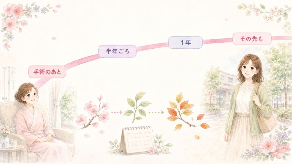 手術のあとから半年ごろにかけて妊娠の報告が多く、1年、その先へとゆるやかに続いていくことを表した図