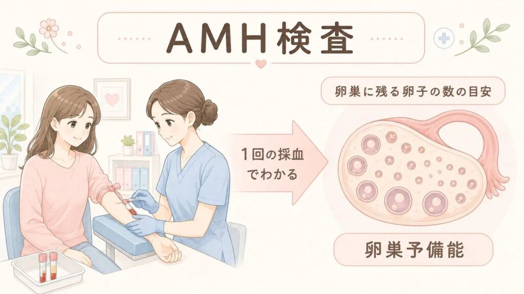 1回の採血で、卵巣に残る卵子のおおよその数(卵巣予備能)の目安を調べるAMH検査を説明するイラスト